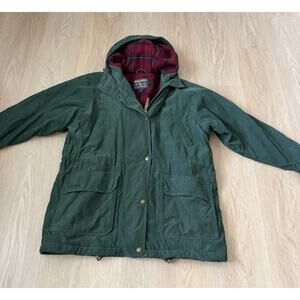 Vintage Woolrich Jacket Women Medium Green Plaid Flannel Wool Lined Hooded USA